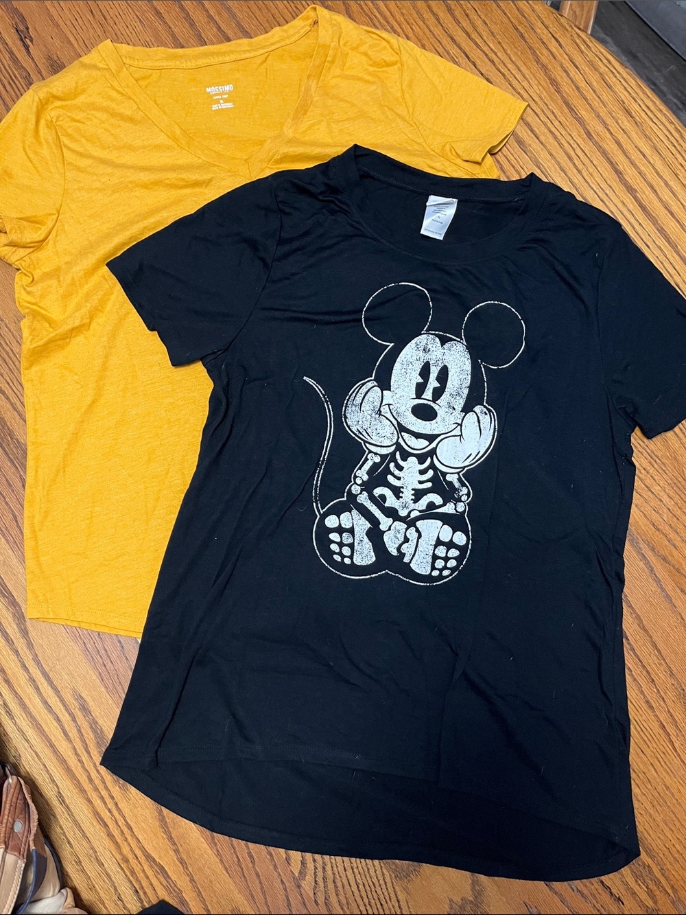 Disney Black Tee with Silver Skeleton Mickey Graphic and Mossimo mustard tee